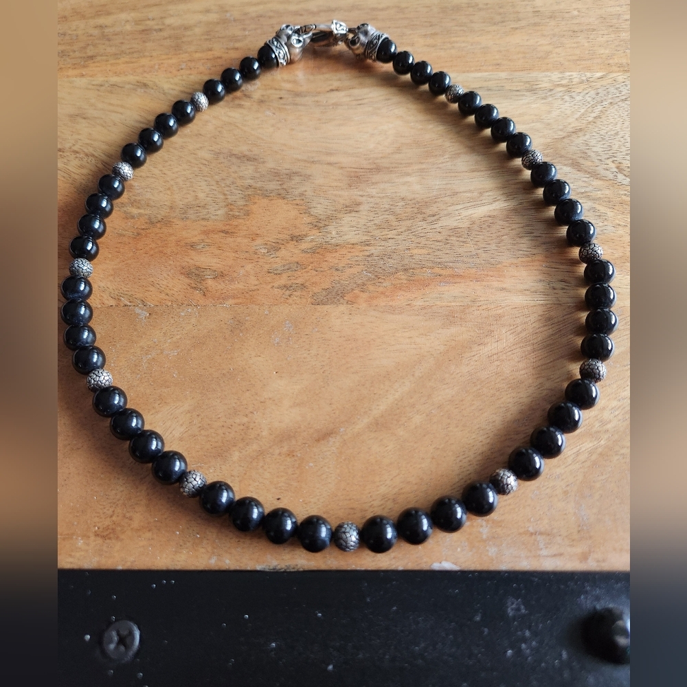 Stephen Webster Black Bead Necklace with Textured Silver Accents
